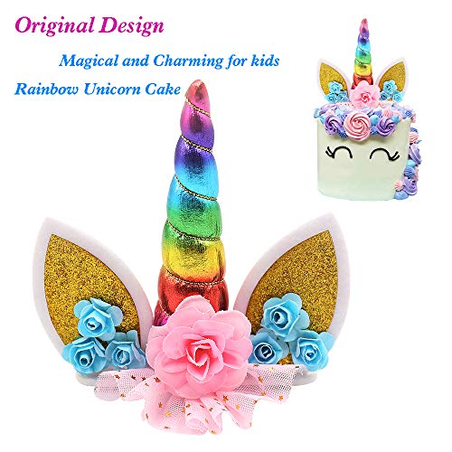 Unicorn Cake Topper Handmade Iridescent Unicorn Horn Ears and Flowers Cake Decor(Rainbow Color)