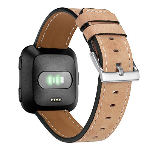 Leather Band for Fitbit Versa, UNEXTATI Genuine Leather Watch Replacement Strap with Metal Buckle, Fitbit Versa Wristband Accessories - Apricot