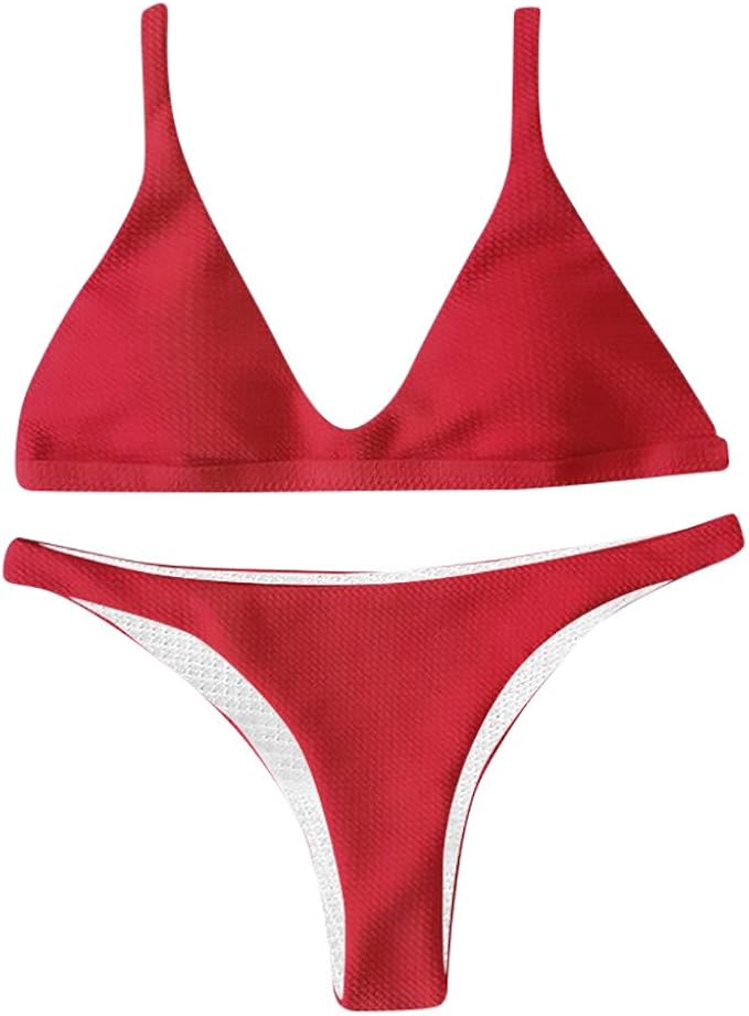 Amazon Tangqi ビキニ レディース 紐ビキニ 三角ビキニ 人気 水着 オフショルダー パンツ セクシー ブラジリアン ランジェリー シンプル かわいい 韓国 2点セット 大人 安い おしゃれ きれい 海外 ワイヤーなし パッド付き 安定 上質 爽やか Uvカット M レッド