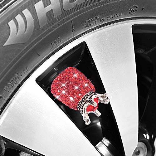 Valve Stem Caps, 4 Pack Handmade Crystal Rhinestone Universal Car Tire Valve Caps Chrome,Attractive Dustproof Bling Car Accessories - Red Diamond Crown