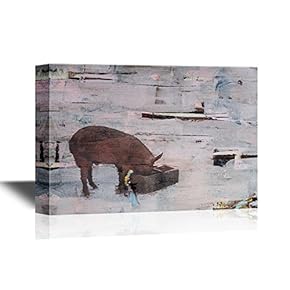 Pigs Canvas Wall Art - Pig Feeding on Grunge Background - Gallery Wrap Modern Home Art | Ready to Hang - 12x18 inches