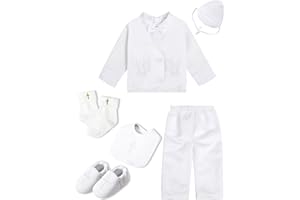 A&J DESIGN Baby Boy Baptism Outfit Christening Clothing Set 7 PCS with White Bowtie, Shoes, Socks and Bib 3-12 Months
