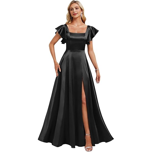 IIF Women's Black Silk Satin Bridesmaid Dresses 2025 with Slit