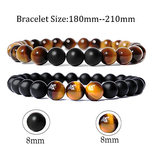 SEVENSTONE 2PCS Black Matte Onyx Prayer Beads Bracelet for Men Women Elastic Natural Stone (B 2PCS)