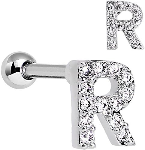 16 Gauge Clear CZ Gem Paved Initial R Tragus Cartilage Earring 1/4"