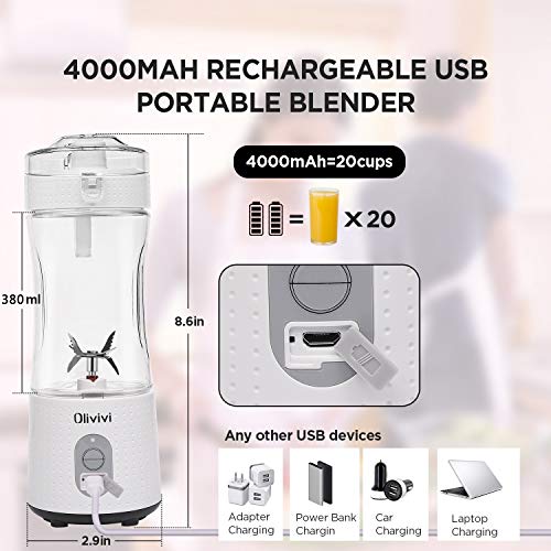 Olivivi Portable Blender, Multifunctional Personal Blender Mini Smoothie Blender 6 Powerful Blades, 4000mAh Rechargeable USB Juicer Cup Bottle with strainer Cleaning Brush for Travel BPA Free White