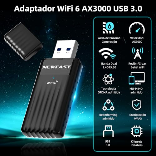 NEWFAST Adaptador WiFi6 USB AX3000, 5.8Ghz/2.4Ghz Adaptador WiFi USB para PC, 3000mbps Receptor WiFi Compatible con Windows 10/11, OFDMA y MU-MIMO, WPA3 y WPA2