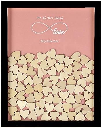 3D Wedding Guest Book Personalised Infinity Love Rustic Drop Top Fashion Signature Wooden Frame Guest Book Wood Drop Box Wedding Decoration With 120 Small Wood Hearts (Black &amp; Soft Pink)