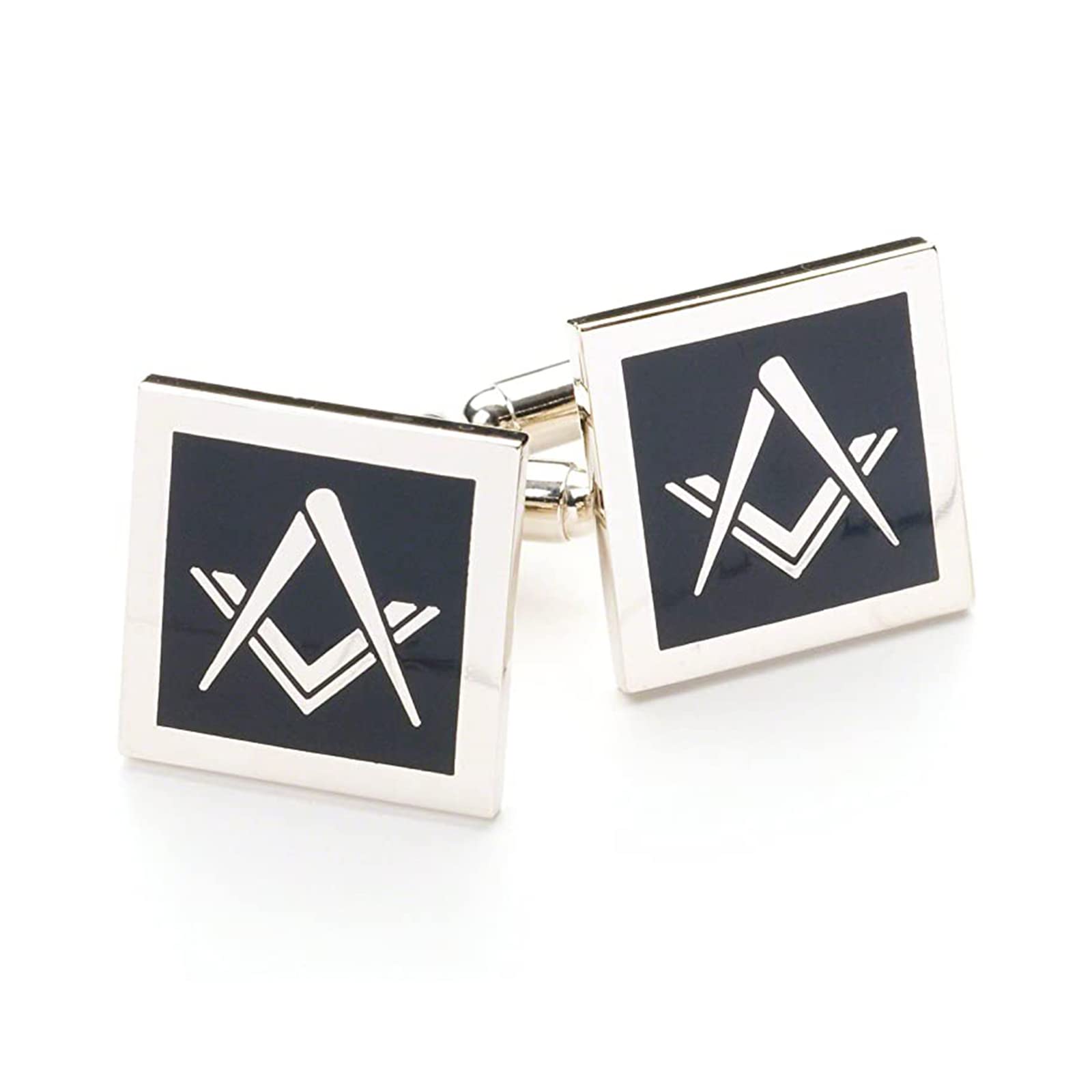 THE MASONIC COLLECTION - Square & Compass Cufflinks for Men - Black and Silver Plated Material - T Bar Fitting - Comes in Cufflink Box/Velvet Pouch - Freemason Gifts for Men