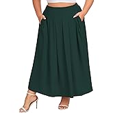 Moon Wood Women's Plus Size High Waist Elastic Long Maxi Skirt Flowy Pleated A-Line Casual Swing Summer Skirt with Pockets