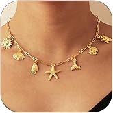 Lydow Charm Necklace for Women, 14K Gold Plated Shell Sun Starfish Summer Beach Necklace 16+3" Paperclip Chain Jewelry Gifts
