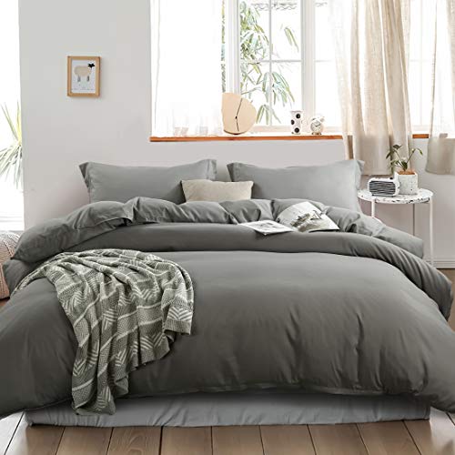 INGALIK Bedding 3 Piece Duvet Cover Set Queen Size with Zipper Closure Ultra Soft Breathable 100% Washed Microfiber Hotel Luxury Solid Color Collection 3pc (1 Duvet Cover + 2 Pillow Shams) Dark Gray