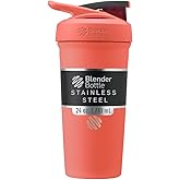 BlenderBottle Sport Shaker Cup Insulated Stainless Steel Water Bottle with Wire Whisk, 24-Ounce, Full Color Coral