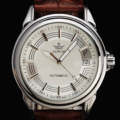 Sewor da uomo auto meccanico calendario giornaliero impermeabile orologio da polso fascia in pelle marrone