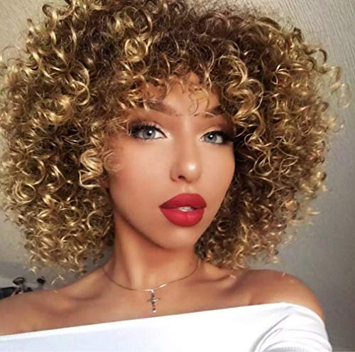 LBE-Afro-Kinky-Curly-Synthetic-Short-Wig-With-Bangs-Mixed-Brown-and-Blonde-Heat-Resistant-Full-Wigs-for-Women-14-inches-Mixed-Brown-and-Blonde