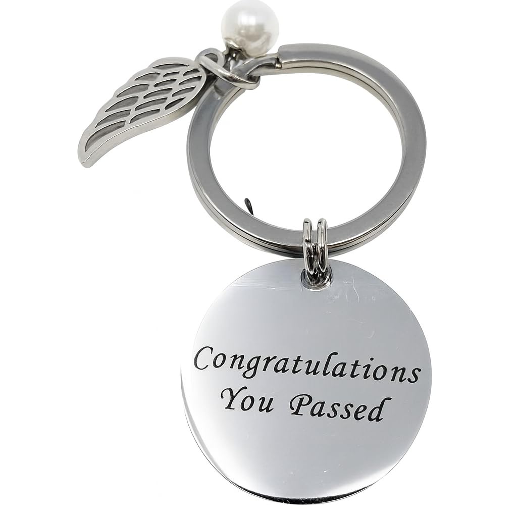 Congratulations You Passed Keyring – Stainless Steel Metal Keychain with Angel Wing Charm and Pearl Detail – Graduation Exam Driving Test Success Gift – Polished Engraved Keepsake Accessory
