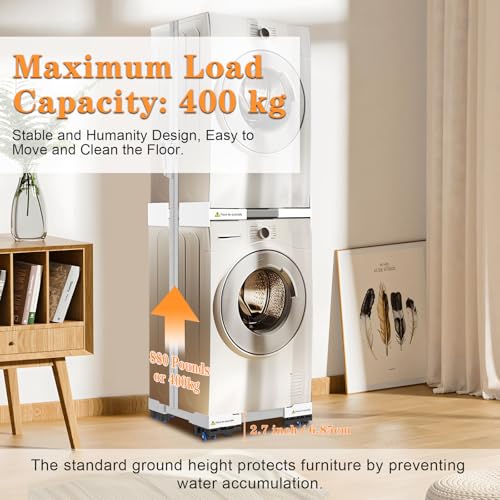NIUXX Universal Connecting Frame and Base for Dryer and Washing Machine, Adjustable in Size with Ratchet Cable and Transport Wheels with Brake for Washing Machines and Dryers, Space Saving