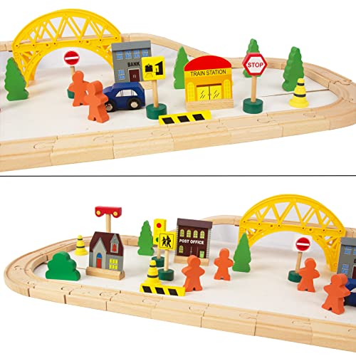 60Pcs Train Set for 3 Year Old Boys, DoubleSide Wooden Train Set