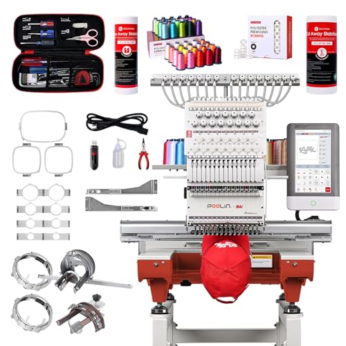Poolin Embroidery Machine 15 Needles 14x20 inch Area, Full Metal Body 1200spm Auto Color Change & Thread Trimming, WiFi Design Upload, for Cap Hoodie T-Shirt Jacket Pants, Full Accessories & Training