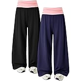 Nivne Tco 2pcs Tween Girls' Pants Set Casual Contrast Foldover Elastic Waist Kids Wide Leg Sweatpants