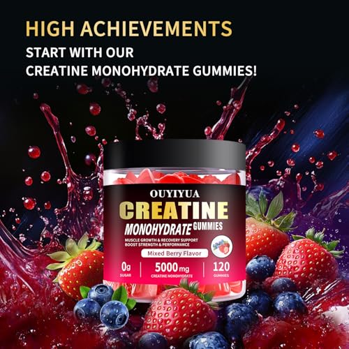 OUYIYUA Creatine Monohydrate Gummies 5000mg for Men & Women - Sugar Free Pre-Workout Supplement, Chewables for Muscle Strength, Muscle Builder, Energy Boost, Mixed Berry Flavor, 120 Count