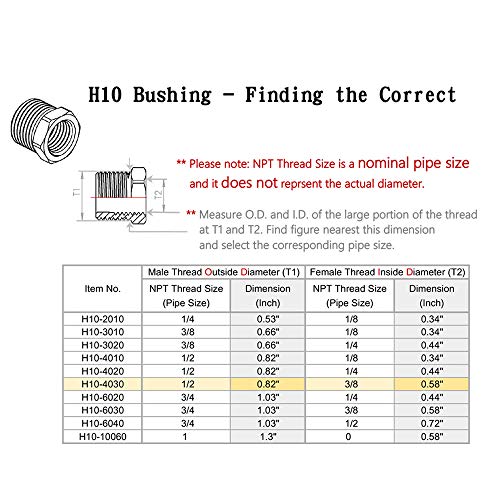 NIGO Brass Pipe Fitting, Hex Bushing (1 Pack, 1/2" NPT Male x 3/8" NPT Female)