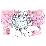 Fahion Antique Silver Infinity Love Charm Bracelet Bangle Watch Multi-layer Leather Crystal Watch Pink