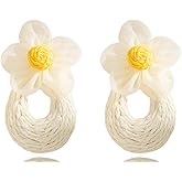 DEYOUM Raffia Flower Earrings for Women Bohemian Raffia Tropical Wrapped Flower Lightweight Handmade Dangle Earrings Statement Summer Beach Jewelry Gifts