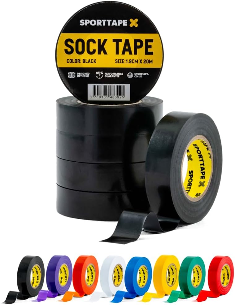 SPORTTAPE 6 Rolls Sock Tape Black 1.9cm x 20m Football Rugby