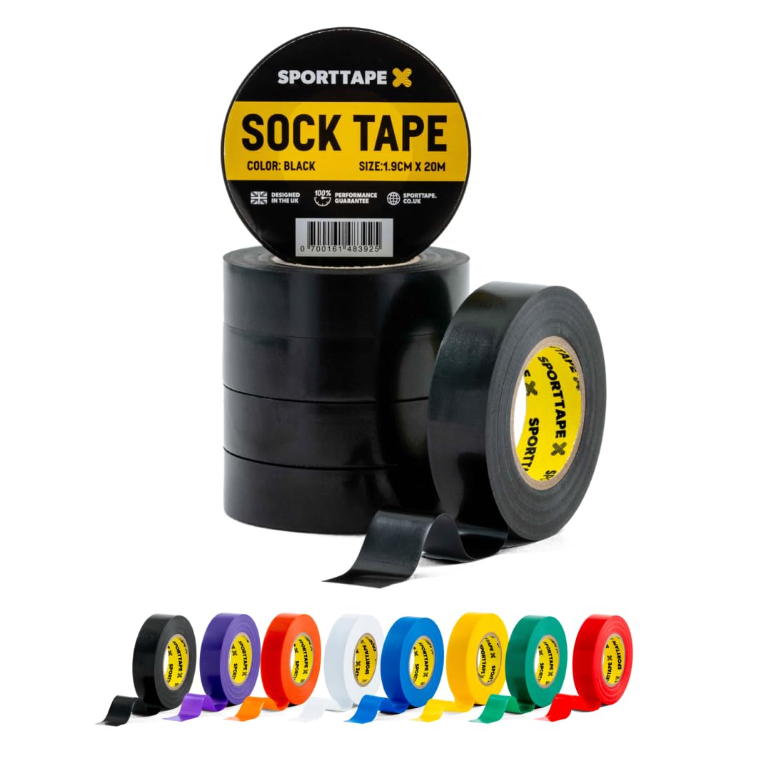 SPORTTAPE 6 Rolls Sock Tape - Black - 1.9cm x 20m | PVC Insulating Tape for Football, Soccer & Rugby - Holds up Football Socks, Shin Pads & Shin Guards | Secures Lifting Blocks, Boots & Ears