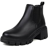 LOVEHEYNEW Women's Leather Platform Chunky Heel Ankle Boots Retro Comfortable Round Toe Pull On Non-slip Lug Sole Mid Heel Chelsea Booties Fall Winter Daily Work Dress Combat Boots