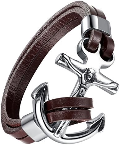 Aoiy Men's Stainless Steel Jesus Chris Crucifix Cross Anchor and Leather Bracelet, ccb090zo