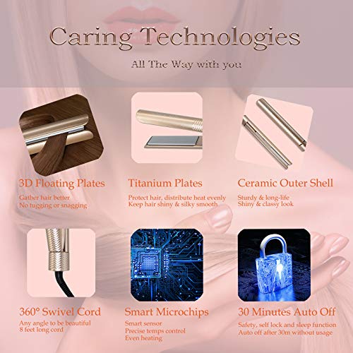 Jolirox Ceramic Hair Iron Straightener Curler, Round Titanium Flat Iron, Tourmaline Straightening and Curls 1 inch, 2 in 1 Professional Salon Styler, Dual Voltage for Travel (Champaigne Gold)