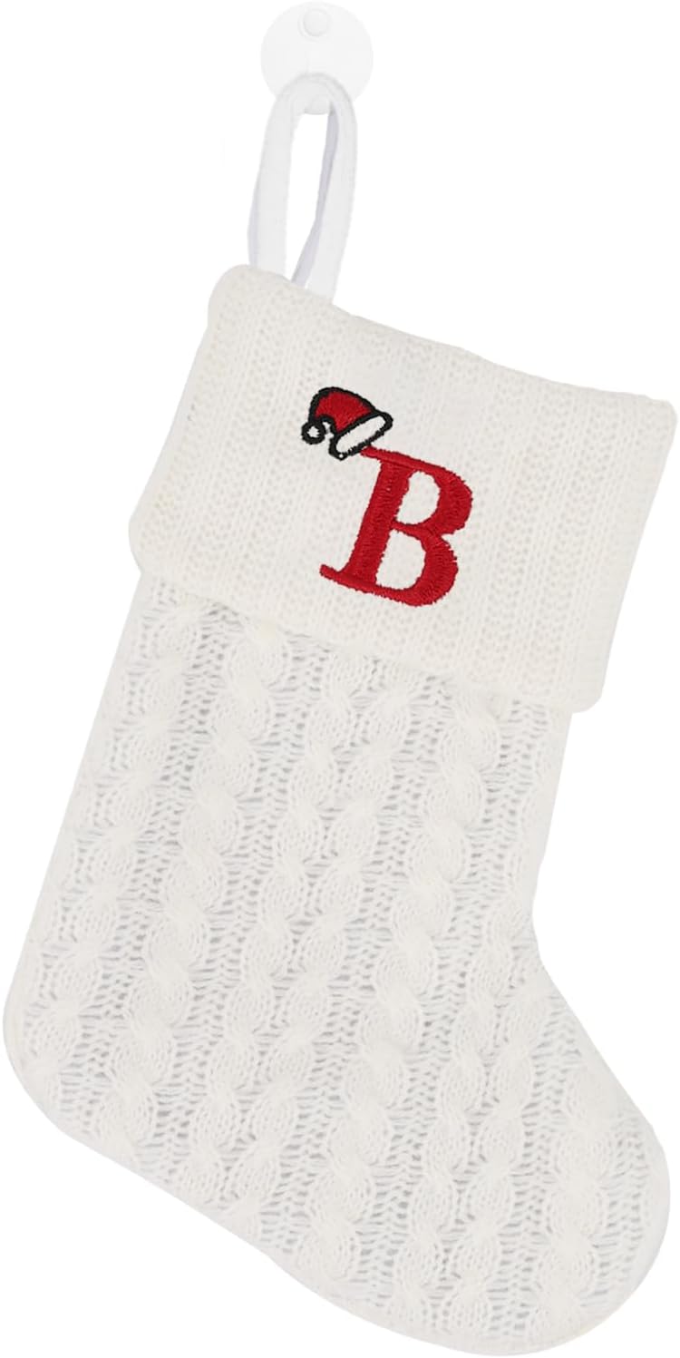 Stockings & Holders - OJCHRLKF 7 Inches Mini Cute Initial Monogram Embroidered Christmas Stocking Knitted Christmas Decorations Stocking Red,White,Green Knit Mini Stocking Christmas Decorations-58-B-White