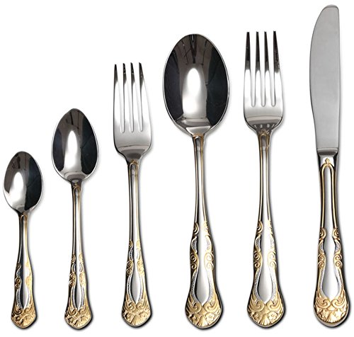 75-Piece Gold Flatware Set Dining Service for 12, 18/10 Premium Stainless Steel, 24K Gold-Plated Trim, Silverware Serving Set, Wood Storage Case (Majestic)