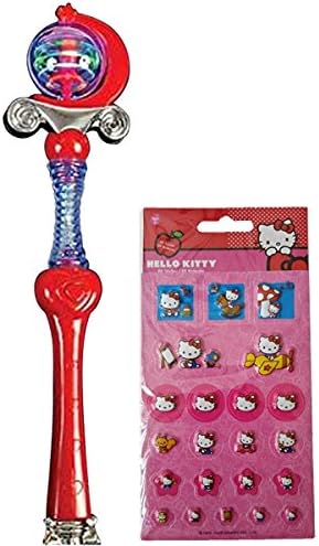 Best Theme Park and Party Magical Light up Flashing, Blinking Spectra Spinner Toy Wand with Long Handle and 1 Licensed Puffy Hello Kitty Stickers in 2D for Kids Age 3 and Up (Red)