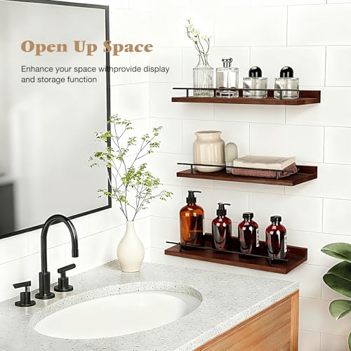 VINATO Set of 3 Wooden Wall Shelves 40 x 15 x 4.5 cm for Kitchen, Living Room, Office and Bedroom, Wall Shelf, Brown