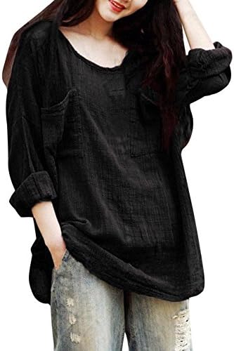Womens Cotton Linen Long Sleeve Thin 0-Neck T-Shirt Summer Autumn Loose Blouse