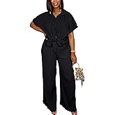 Dezraia Casual Two Piece Set for Women - Button Down Shirt and Wide Leg Pants Matching Set Tracksuits