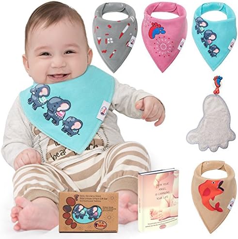 Dalonya Baby Bandana Drool Bibs Design Stylish 4 Unisex Pack Drooling Teething Baby Shower Gift Set,100% Organic Cotton Absorbent Soft for Boys &amp; Girls + BONUS Washcloth &amp; Suction Cup Hooker &amp; EBOOK