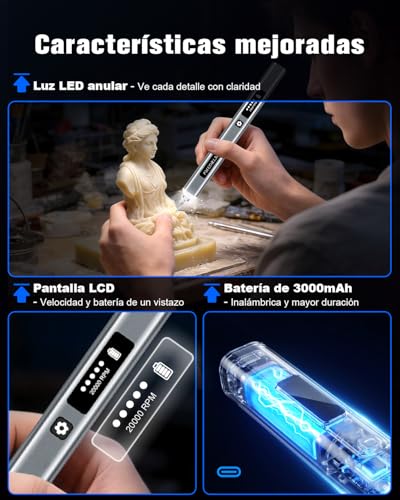 vueowcue Engraving Pen - Electric Engraving Pen with LCD Display, LED Light, 5 Speeds, 30+ Accessories and Fast Charging USB-C Portable Wireless Tool (Grey)