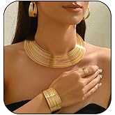 CXENSJH Gold African Jewelry Set for Women Gold Silver Hoop Choker Chunky African Necklace Earrings Ring Bracelet Set Wedding Prom Jewelry