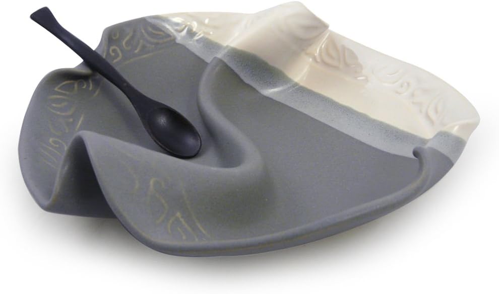 Contemporary Twist Divided Condiment/Relish Dish Plate in Grey/White, Handmade Pottery, 8-inch