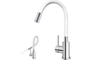 KOOTTI Kitchen Faucet Flexible Silicone Sprayer Single Handle Pull Down Kitchen Sink Faucet with 360 Swivel for Farmhouses, RV, Utility Laundry Room, Outdoor (White&Chrome)