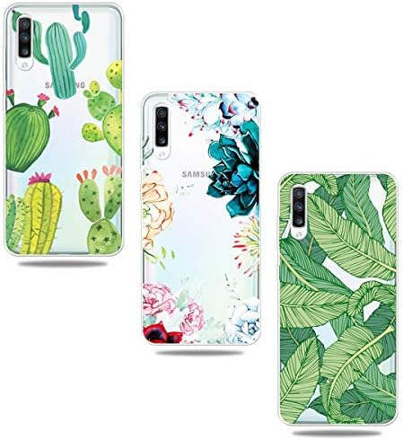 SEEYA 3PCS Silicone Case for Samsung Galaxy A70, Ultra Clear Transparent Thin Soft Shockproof TPU Gel Cute Cactus Flower Tropical Leaves Design Protective Phone Case Cover Skin Shell for Girl Women