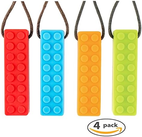 Sensory Chew Necklace Set BRICK (4-VALUE PACK) | Safe Calming Silicone Chew Toy for Autism, SPD, Biting, Teething &amp; PDD | Fidget Toy for Boys and Girls with ADHD | TUFFBITE (Red/Blue/Orange/Green)