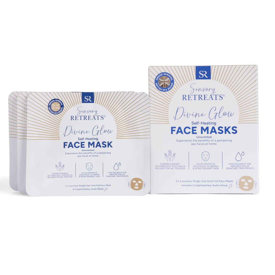 3 Sensory Retreats Divine Glow Self-Heating Face Mask Box of 3, Heated Sheet Mask, Hydrating Facial Mask, Facial Mask, Spa Facial, Relaxation