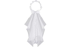 Girls First Communion Veil White Floral Holy Communion Flower Crown with Bowknot Pearls and Crystal Rhinestones for Wedding P