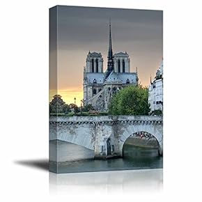 Canvas Wall Art The Notre Dame De Paris and Pont De La Tournelle, Arch Bridge Across River Seine in Paris Home Decoration Stretched Gallery Canvas Wrap Giclee Print & Ready to Hang - 18" x 12"
