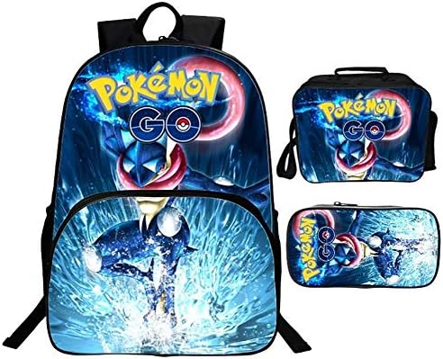 Backpacks for Primary School 3D Pokemon Printing Student Backpack + Lunch Bag + Pencil Case, Teen Girls & Boys School Bookbag